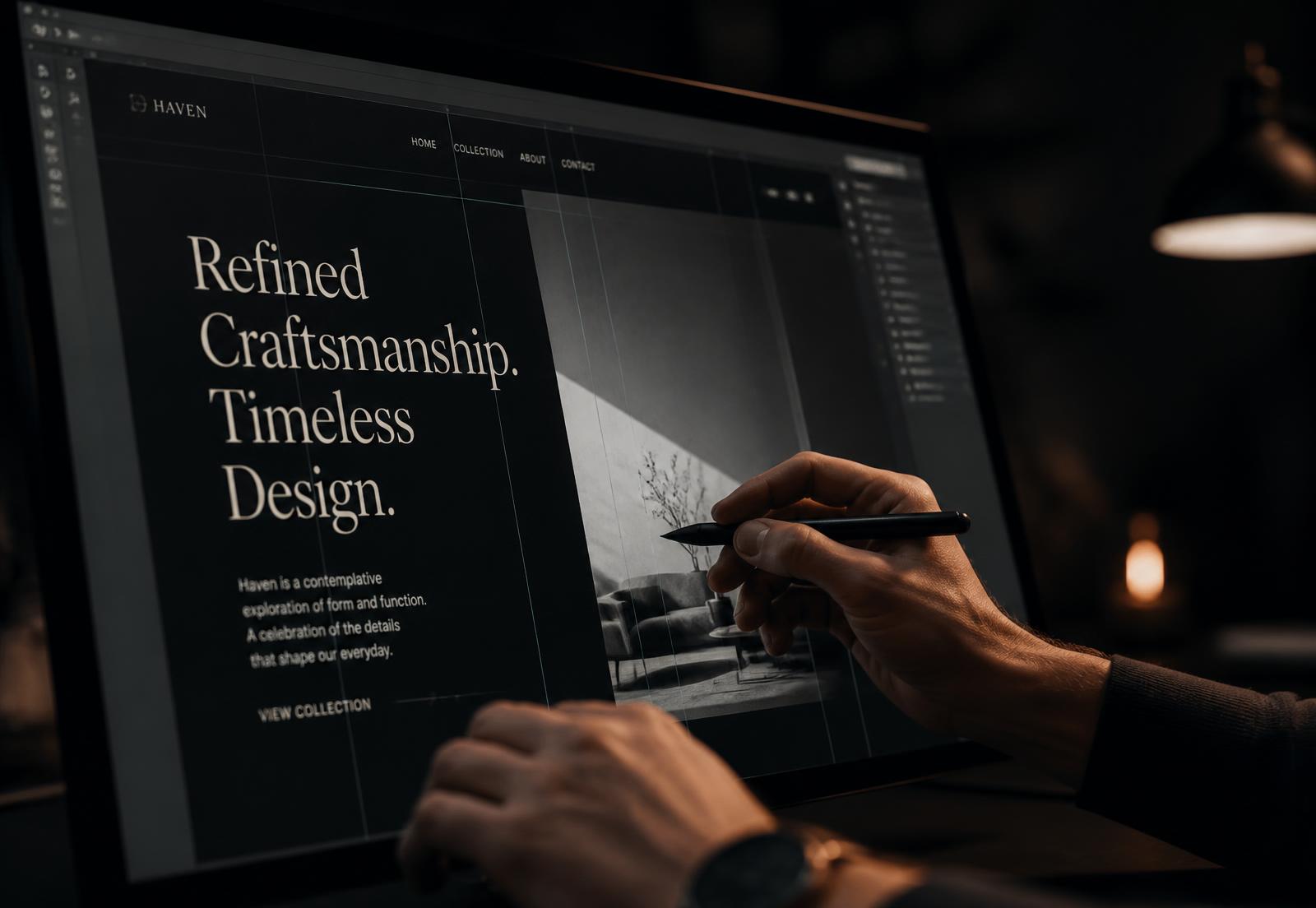 Close-up of typography being shaped on a large screen in a dark studio